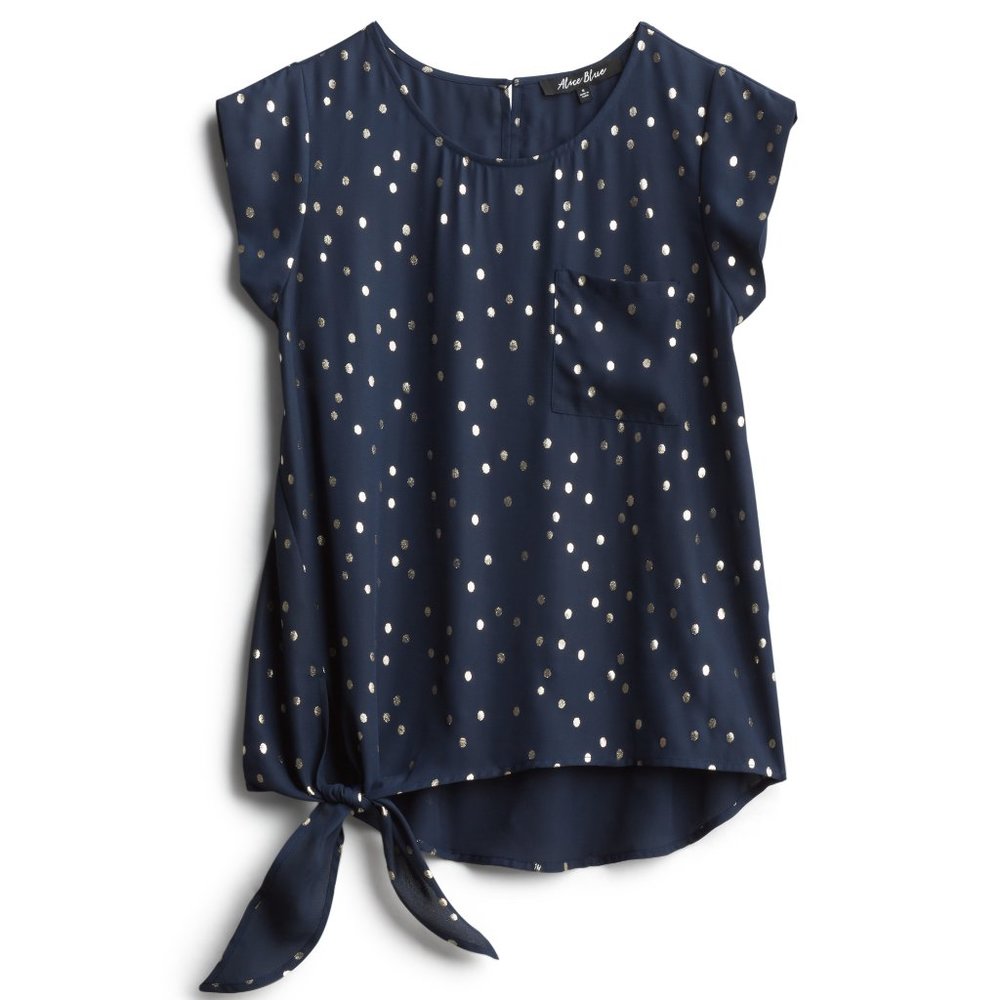 Alice Blue foil print tie-bottom blouse; small